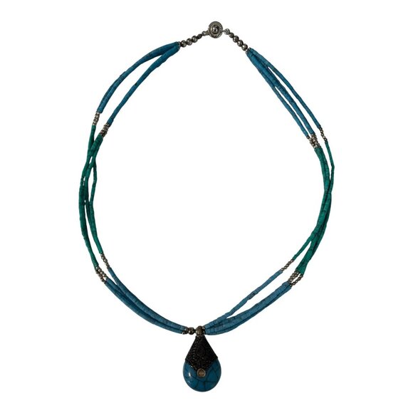 Vintage Teng Yue Turquoise Bead Necklace Sterling Silver Clasp Teardrop Pendant - Picture 2 of 6